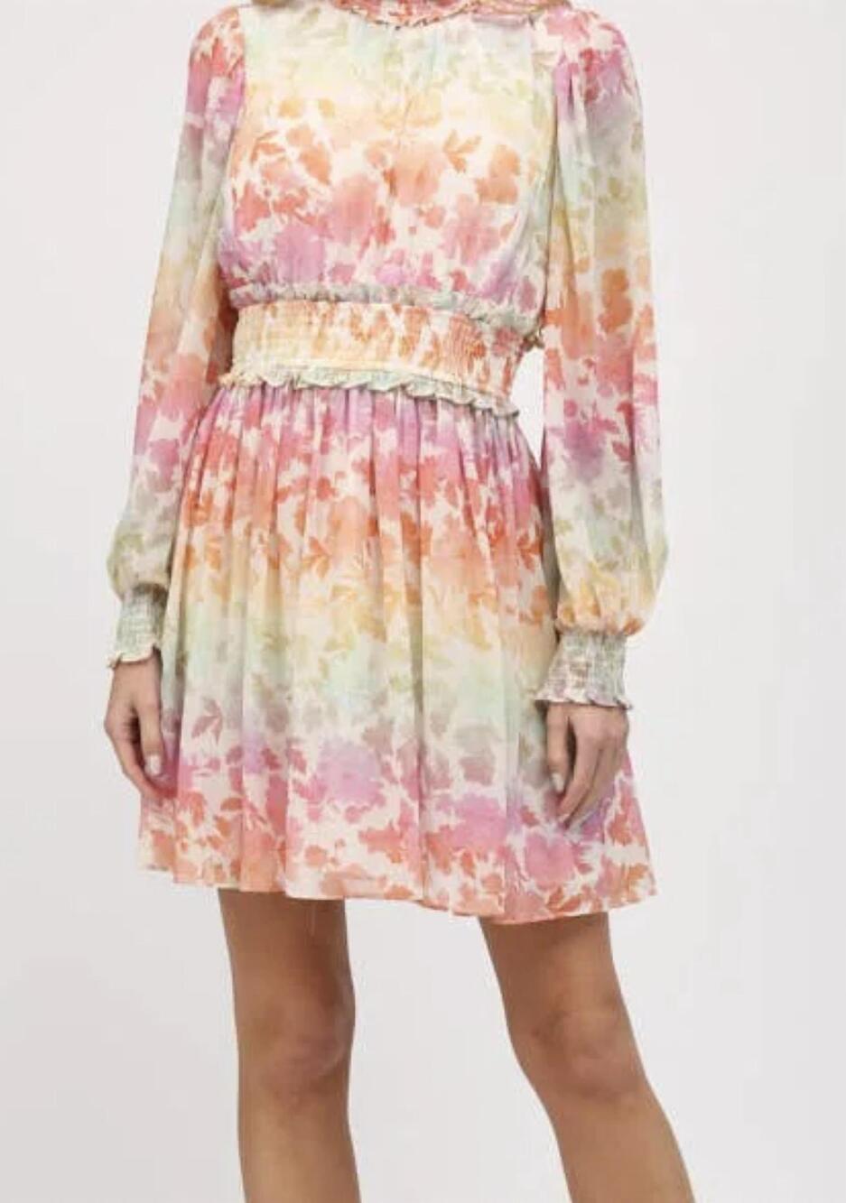 NEW FATE smocked detail high neck dress in rainbow